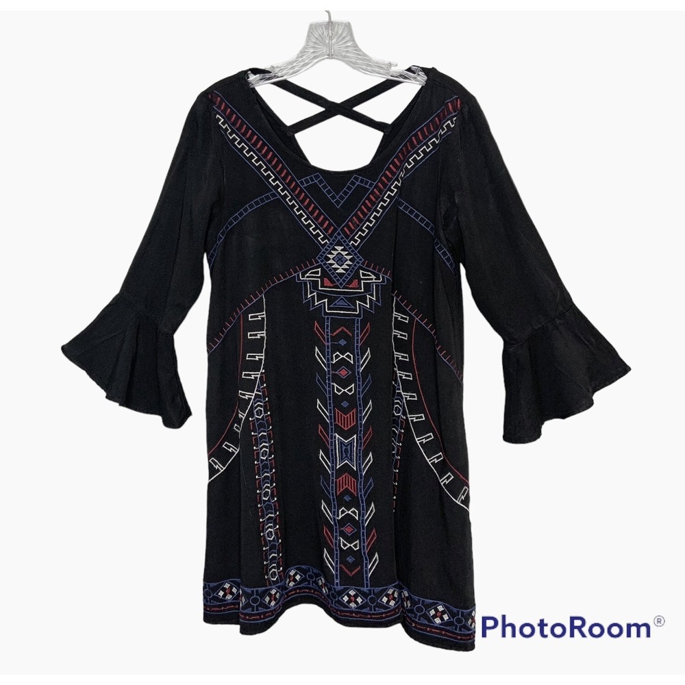 Mittoshop Dress Womens Medium Black Boho Aztec Embroidered Cris Cross Back Tunic